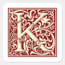 William Morris Letter K Monogram Initiaal Rood Vierkante Sticker