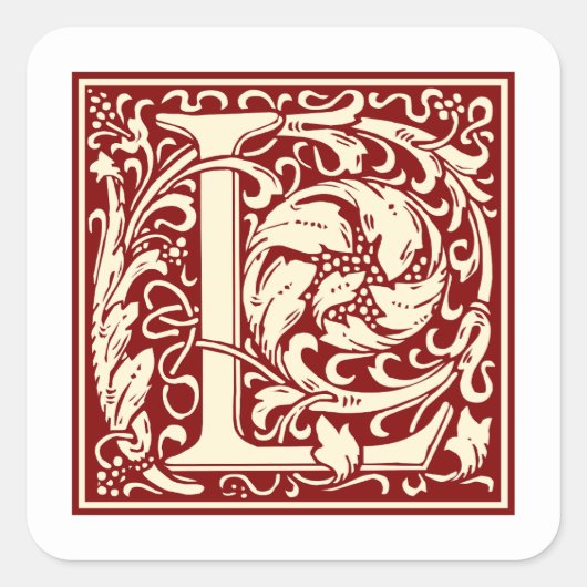 William Morris Letter L Monogram Initiaal Rood Vierkante Sticker (Voorkant)