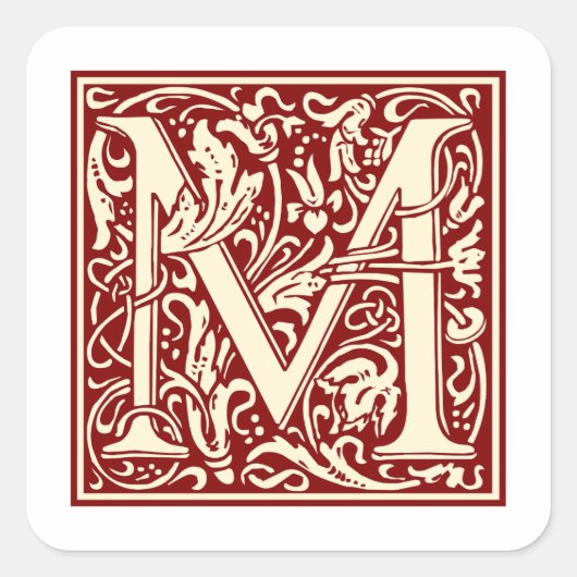 William Morris Letter M Monogram Initiaal Rood Vierkante Sticker (Voorkant)
