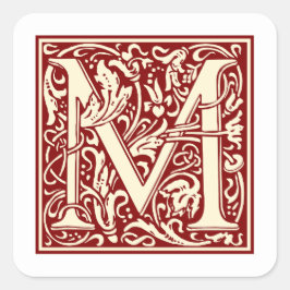 William Morris Letter M Monogram Initiaal Rood Vierkante Sticker