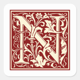 William Morris Letter N Monogram Initiaal Rood Vierkante Sticker