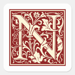 William Morris Letter N Monogram Initiaal Rood Vierkante Sticker