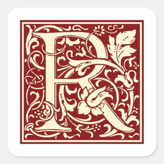 William Morris Letter R Monogram Initiaal Rood Vierkante Sticker (Voorkant)