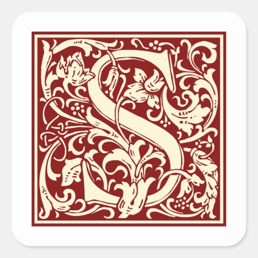 William Morris Letter S Monogram Initiaal Rood Vierkante Sticker (Voorkant)