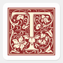 William Morris Letter T Monogram Initiaal Rood Vierkante Sticker