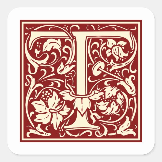 William Morris Letter T Monogram Initiaal Rood Vierkante Sticker (Voorkant)