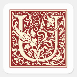 William Morris Letter U Monogram Initiaal Rood Vierkante Sticker