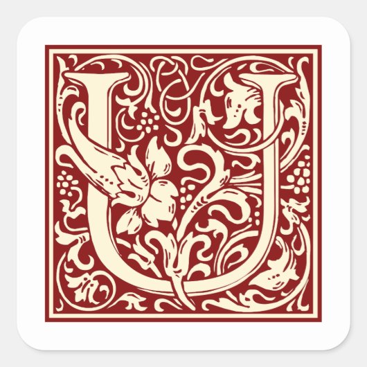 William Morris Letter U Monogram Initiaal Rood Vierkante Sticker (Voorkant)