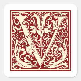 William Morris Letter V Monogram Initiaal Rood Vierkante Sticker