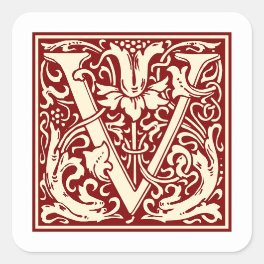 William Morris Letter V Monogram Initiaal Rood Vierkante Sticker (Voorkant)