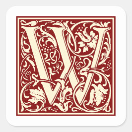 William Morris Letter W Monogram Initiaal Rood Vierkante Sticker