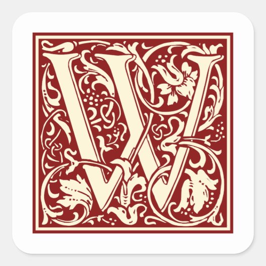 William Morris Letter W Monogram Initiaal Rood Vierkante Sticker (Voorkant)