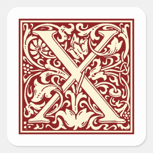 William Morris Letter X Monogram Initiaal Rood Vierkante Sticker (Voorkant)