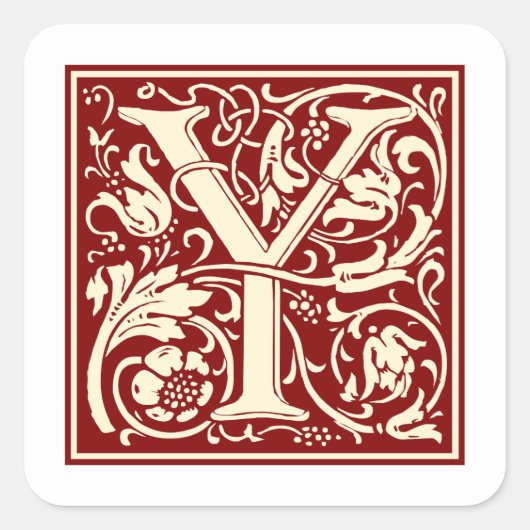William Morris Letter Y Monogram Initiaal Rood Vierkante Sticker (Voorkant)