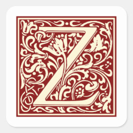 William Morris Letter Z Monogram Initiaal Rood Vierkante Sticker