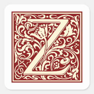 William Morris Letter Z Monogram Initiaal Rood Vierkante Sticker