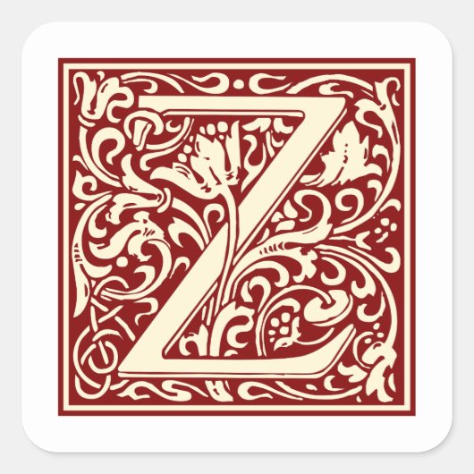 William Morris Letter Z Monogram Initiaal Rood Vierkante Sticker (Voorkant)