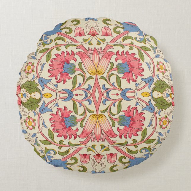 William Morris Lodden Bloempatroon Pastel  Rond Kussen (Voorkant)