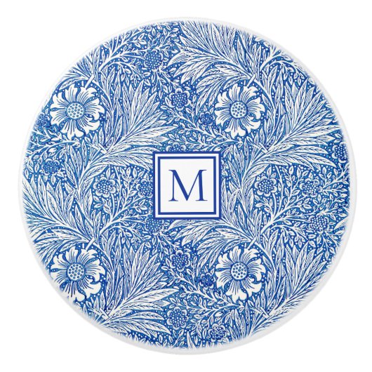 William Morris Marigold Blue Monogram Keramische Knop (Voorkant)