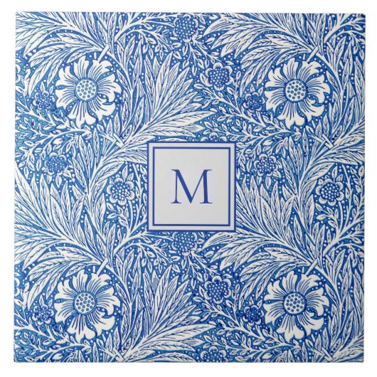 William Morris Marigold Blue Monogram Tegeltje (Voorkant)