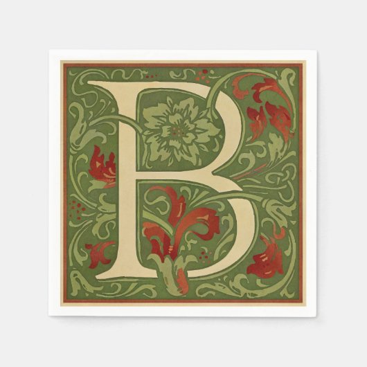 William Morris Monogram Letter B Bloemrijk Rood Gr Servet (Voorkant)