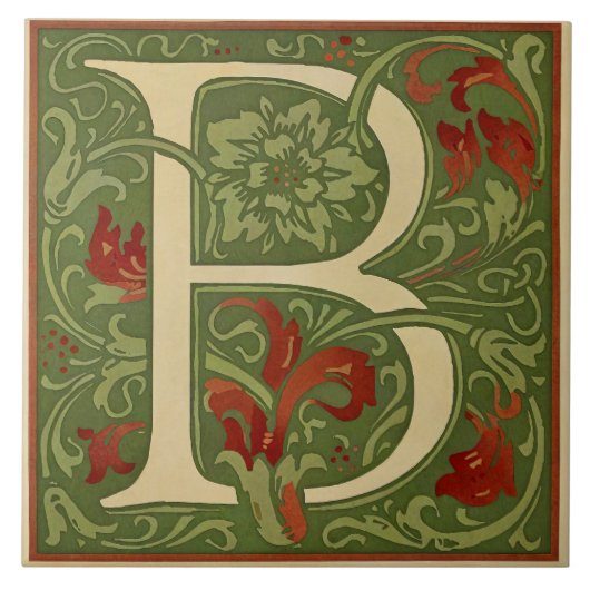 William Morris Monogram Letter B Bloemrijk Rood Gr Tegeltje (Voorkant)