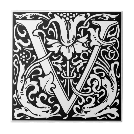 William Morris Monogrammed Letter V Tegeltje (Voorkant)