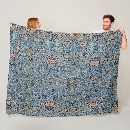 William Morris Mooi Bloemenpatroon Blauw Roze Fleece Deken (In situ)