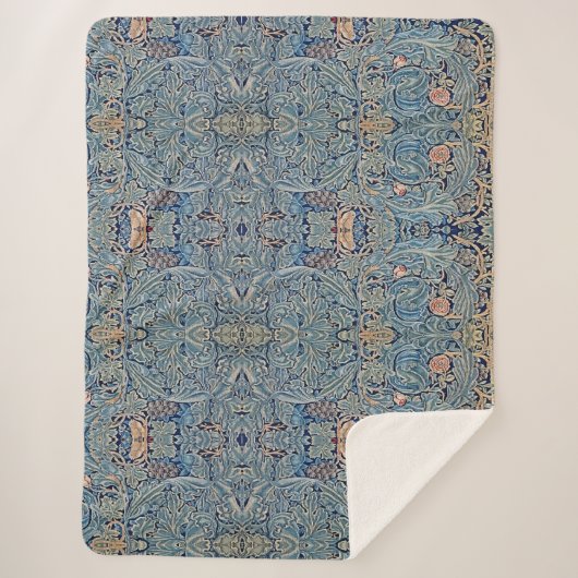 William Morris Mooi Bloemenpatroon Blauw Roze Sherpa Deken (Voorkant)