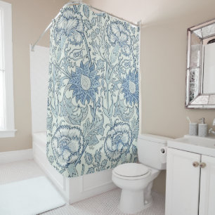 William Morris Mooi bloempatroon, blauw, roos Douchegordijn