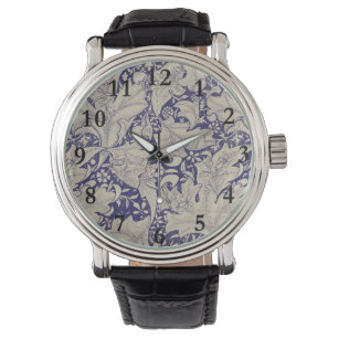 William Morris Muurbloem Patroon Antiek Blauw Horloge