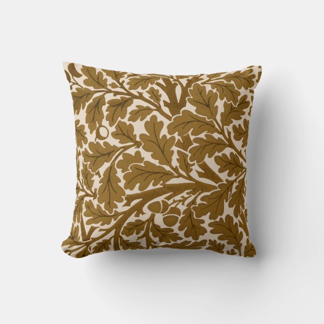 William Morris Oak Leaves, Coffee Brown en Beige Kussen (Voorkant)