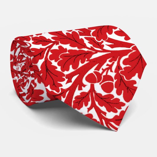 William Morris Oak Leaves, Deep Red en White Stropdas (Opgerold)