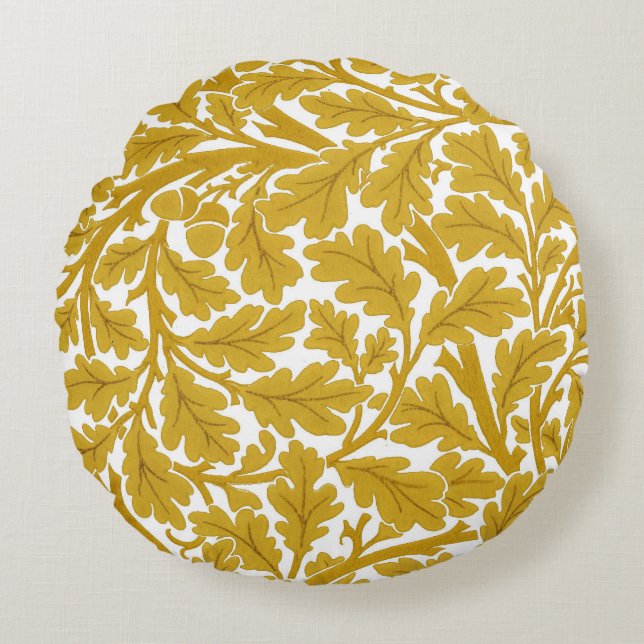 William Morris Oak Leaves, Mustard Yellow & White Rond Kussen (Voorkant)