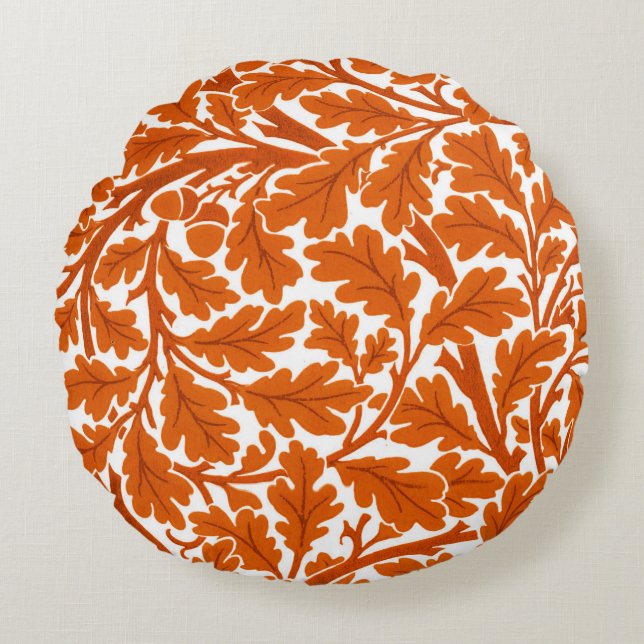 William Morris Oak Leaves, Rust Oranje & Cream Rond Kussen (Voorkant)