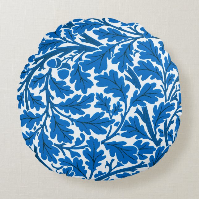William Morris Oak Leaves, Sapphire Blue en White Rond Kussen (Voorkant)