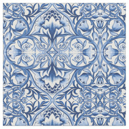 William Morris ornament blauw en witte bloemen Stof