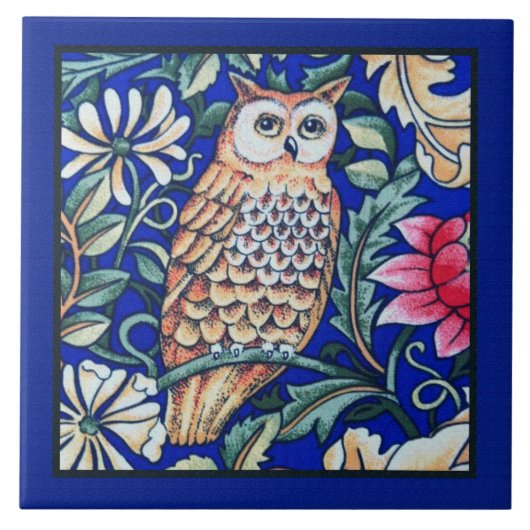 William Morris Owl Beige en Cobalt Blue Borderand Tegeltje (Voorkant)