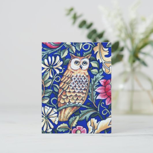 William Morris Owl Tapestry, Beige and Cobalt Blue Briefkaart (Staand voorkant)