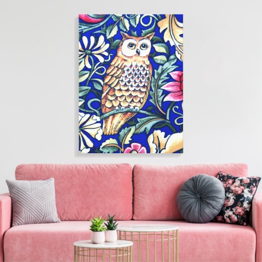 William Morris Owl Tapestry, Beige and Cobalt Blue Canvas Afdruk (Insitu (Woonkamer))