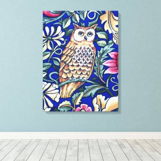 William Morris Owl Tapestry, Beige and Cobalt Blue Canvas Afdruk (Insitu (Houten vloer))