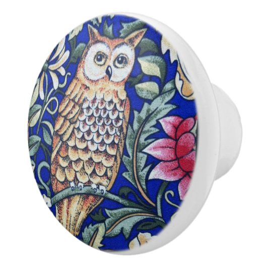 William Morris Owl Tapestry, Beige and Cobalt Blue Keramische Knop (Rechts)