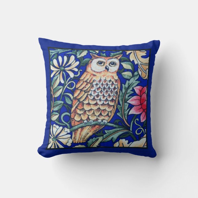 William Morris Owl Tapestry, Beige and Cobalt Blue Kussen (Voorkant)