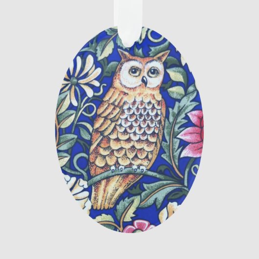 William Morris Owl Tapestry, Beige and Cobalt Blue Ornament (voorkant)