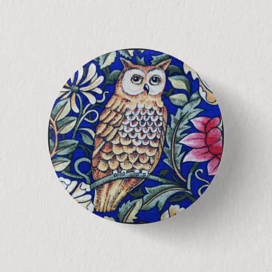 William Morris Owl Tapestry, Beige and Cobalt Blue Ronde Button 3,2 Cm (Voorkant)