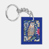 William Morris Owl Tapestry, Beige and Cobalt Blue Sleutelhanger (Voorkant Links)