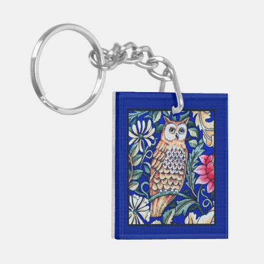 William Morris Owl Tapestry, Beige and Cobalt Blue Sleutelhanger (Voorkant Links)