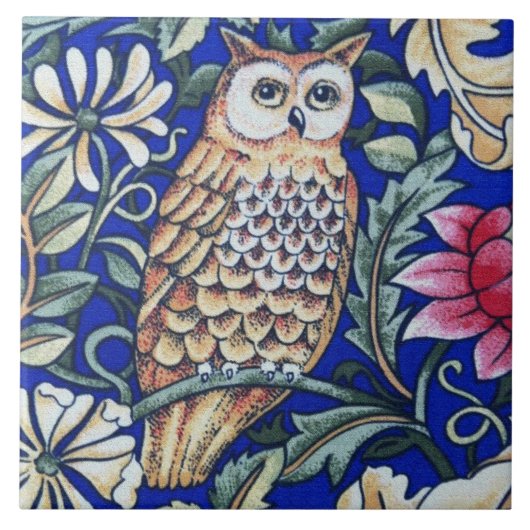 William Morris Owl Tapestry, Beige and Cobalt Blue Tegeltje (Voorkant)