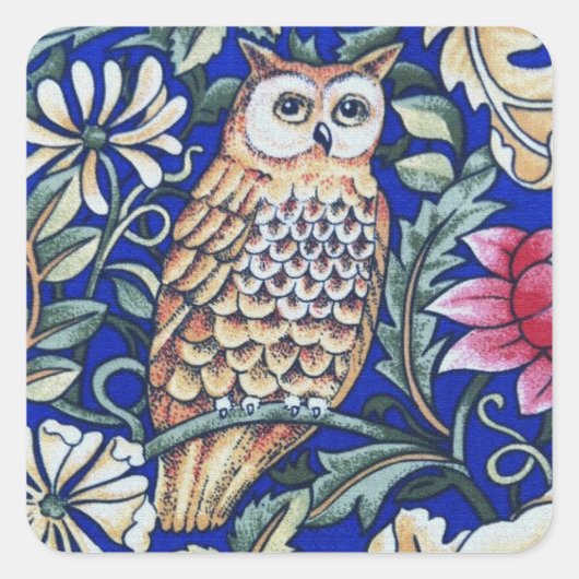 William Morris Owl Tapestry, Beige and Cobalt Blue Vierkante Sticker (Voorkant)