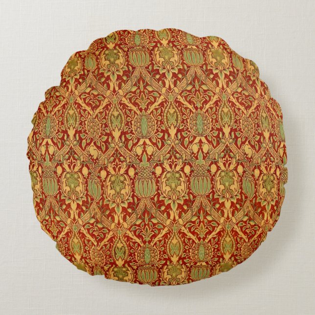  William Morris Pattern Red Turquoise Gold Rond Kussen (Voorkant)